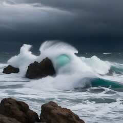 Obraz premium a sea of waves, waves against rocks, dark clouds on the sea