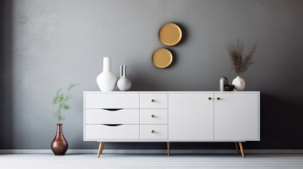 White sideboard in living room interior