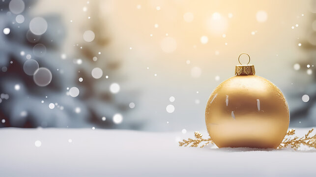 Merry Christmas.Christmas decoration with Gold ball on snow