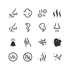 Poster Smell icons set. Symbols of odor. Fragrance, odor and odorlessness. The sensation and perception of odors. Fragrance and unpleasant odor. Black and white style © Tatiana
