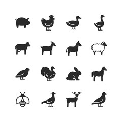Farm Animals icons set. Animals that are raised on a farm, an animal for dairy products, eggs and meat. Black and white style