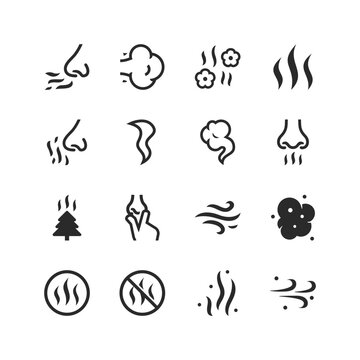 Smell icons set. Symbols of odor. Fragrance, odor and odorlessness. The sensation and perception of odors. Fragrance and unpleasant odor. Black and white style