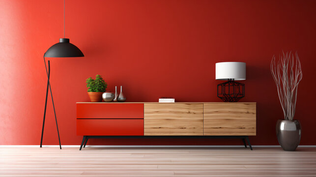 Wood sideboard in red living room