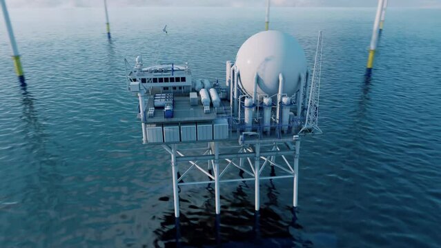 Production of renewable marine energy based on hydrogen. Production of hydrogen by electrolysis from electricity generated by wind farms. 3d rendering.