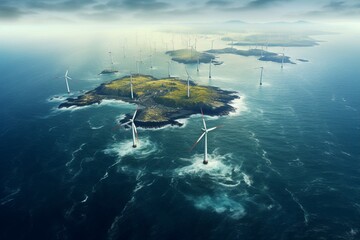 An aerial view capturing wind turbines in the ocean, composed with different elements. - obrazy, fototapety, plakaty