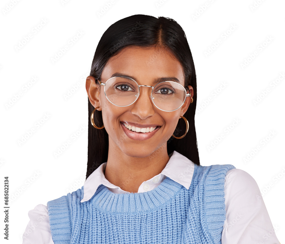 Sticker Portrait, happy and vision with an indian woman in glasses isolated on a transparent background. Fashion, smile and a young person in prescription frame lens eyewear on PNG to improve eyesight