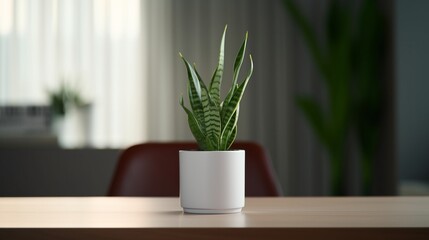 An elegant Snake Plant sitting in a minimalist, stylish pot, enhancing the aesthetics of a contemporary office space. 8K