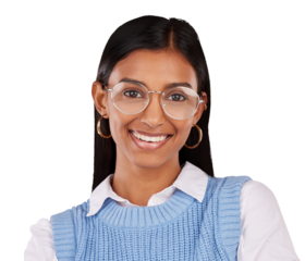 Portrait, happy and vision with an indian woman in glasses isolated on a transparent background. Fashion, smile and a young person in prescription frame lens eyewear on PNG to improve eyesight