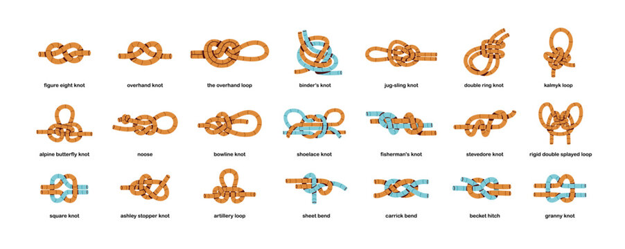 Knots of different type set. Loops, nautical nodes, nooses of various shapes. Strong tied twisted nautical ropes, strings, cords, cables. Flat graphic vector illustrations isolated on white background