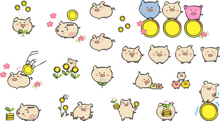 豚の貯金箱とコイン　セット　イラスト素材
