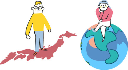 Fototapeta premium アメリカ大陸を中心にした地球儀に座っている女性と日本列島の上に立っている男性 セット イラスト素材 