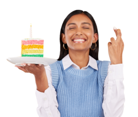Smile, wish and woman with cake, fingers crossed and celebration isolated on transparent background. Person, girl or model with hand gesture, cheerful or png with rainbow dessert, excited or gen z