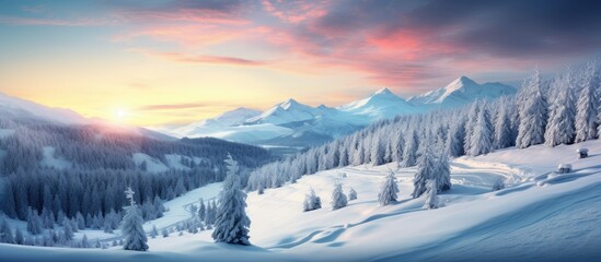 As the sun sets behind the mountains, the winter landscape transforms into a breathtaking scene of serene beauty, with white snow covering the forest and trees creating a picturesque sight in the park - obrazy, fototapety, plakaty