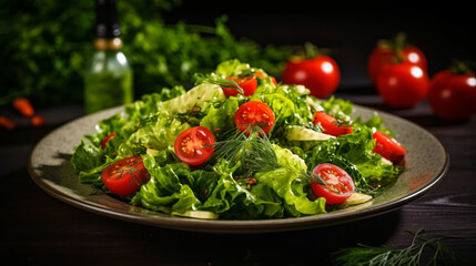 Green salad from leaves and tomatoes.