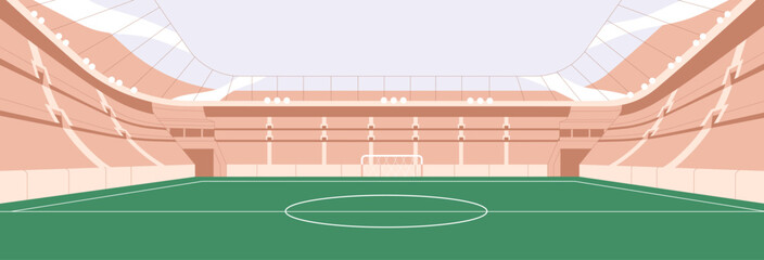 Empty soccer stadium. Football field, sports arena background. Playground with green grass, lawn and lines, seats rows, horizontal panorama. Foot ball place for playing game. Flat vector illustration