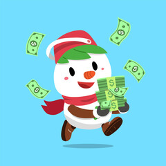 Vector cartoon happy christmas snowman with money for design.