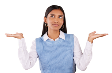 Woman, hands and choice thinking or offer decision for option, show or isolated on transparent png background. Indian person, uncertain and doubt for thoughts question info, compare idea or opinion