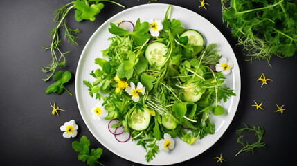 Green salad with spinach arugula radish with olive