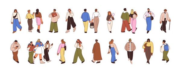 People walk on street set. Diverse characters, pedestrians going on different businesses. Men, women citizens strolling with bag, phone outdoors. Flat vector illustrations isolated on white background - obrazy, fototapety, plakaty