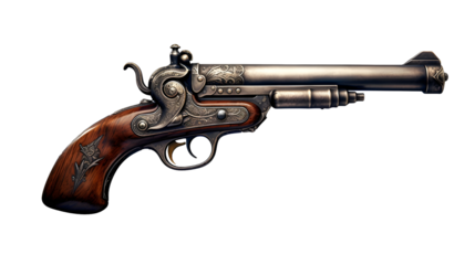 Old pirate flintlock pistol, pirate gun weapon isolated on a transparent background, cutout PNG file