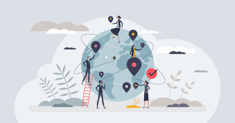 Global collaboration network for international business tiny person concept. Communication and interaction for businessman connections vector illustration. Corporate strategy with online teamwork. - obrazy, fototapety, plakaty