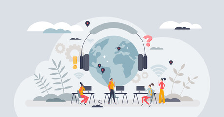 Global classroom experience with international school tiny person concept. Online learning from abroad for academic study vector illustration. Multicultural group using internet for online education. - obrazy, fototapety, plakaty