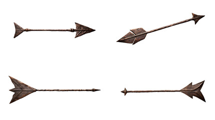Set of four wrought iron arrows, pirate weapons isolated on transparent background, PNG file.