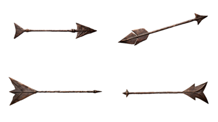 Set of four wrought iron arrows, pirate weapons isolated on transparent background, PNG file.