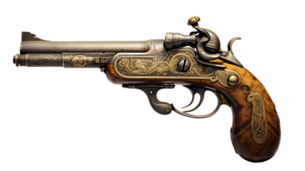 Old pirate flintlock pistol, pirate gun weapon isolated on a transparent background, cutout PNG file
