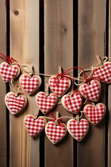 Obraz premium Valentine's day background with hearts and clothespins on wooden wall