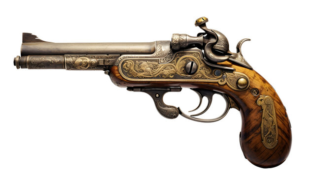 Old pirate flintlock pistol, pirate gun weapon isolated on a transparent background, cutout PNG file