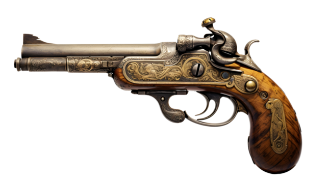 Old pirate flintlock pistol, pirate gun weapon isolated on a transparent background, cutout PNG file
