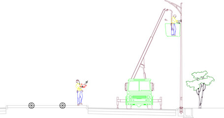 Vector sketch illustration design technical drawing detailed working method for repairing street lights