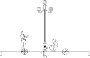 Vector sketch illustration design, technical drawing, detailed work method for maintaining street lighting