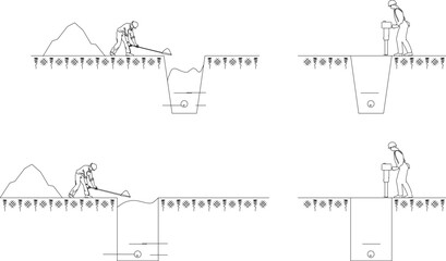 Vector sketch illustration design, technical drawing, detailed work method for installing steel lamp pole foundations.
