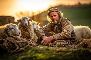 Tuinposter Sheep shepherd resting with his sheep sitting in the field © Victor
