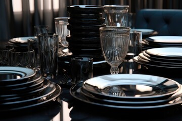 Obraz premium Set of black glass plates on a dining table