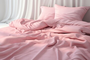 Fototapeta na wymiar Crumpled pink bed linen with pillows and blankets