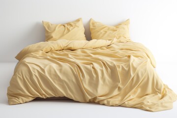 Fototapeta na wymiar Bed with beige bed linen