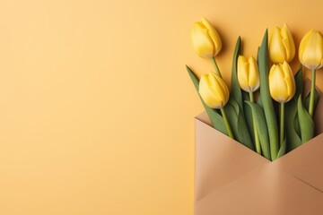 Fresh tulips in a craft envelope on a yellow background