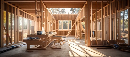 Sunlit Wooden Home Construction Interior - obrazy, fototapety, plakaty