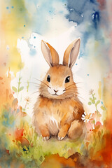 Bunny watercolor background. Cute adorable bunny card