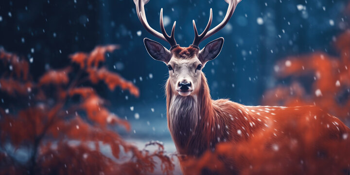 Noble deer in winter forest. Autumn scene with reindeer. Snowy winter christmas landscape © B-design