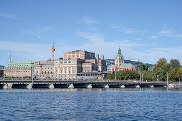 Fototapeta na wymiar Scenic summer panorama of the Old Town Gamla Stan pier architecture in Stockholm, Sweden
