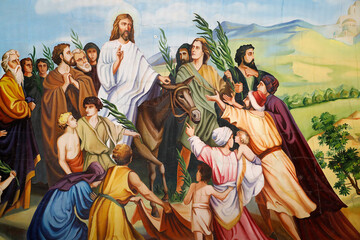 Painting in Cosauti monastery church, Moldova. Palm sunday, Jesus entering Jerusalem on a donkey - obrazy, fototapety, plakaty
