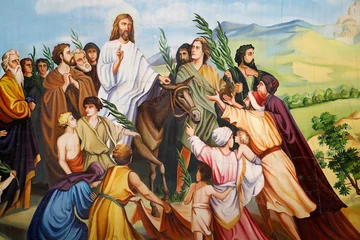 Muurstickers Painting in Cosauti monastery church, Moldova. Palm sunday, Jesus entering Jerusalem on a donkey © Julian
