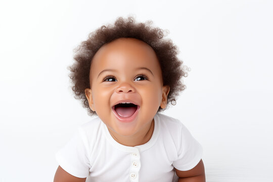 Close-Up Image on a White Background: Joyful and Adorable Infant African American Boy, Beaming with a Genuine and Infectious Smile, Exuding Pure and Immediate Childlike Emotions