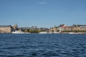 Scenic summer panorama of the Old Town Gamla Stan pier architecture in Stockholm, Sweden