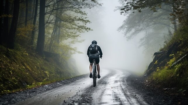 Cyclist Riding on Foggy Forest Road