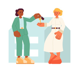Tenant landlord handing over key 2D illustration concept. Black female home seller, woman buyer house isolated cartoon characters, white background. Agreement metaphor abstract flat vector graphic